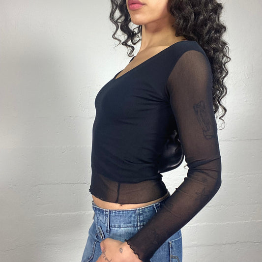 Vintage 2000's Downtown Girl Black Off Shoulder Mesh Sleeves Top (S)