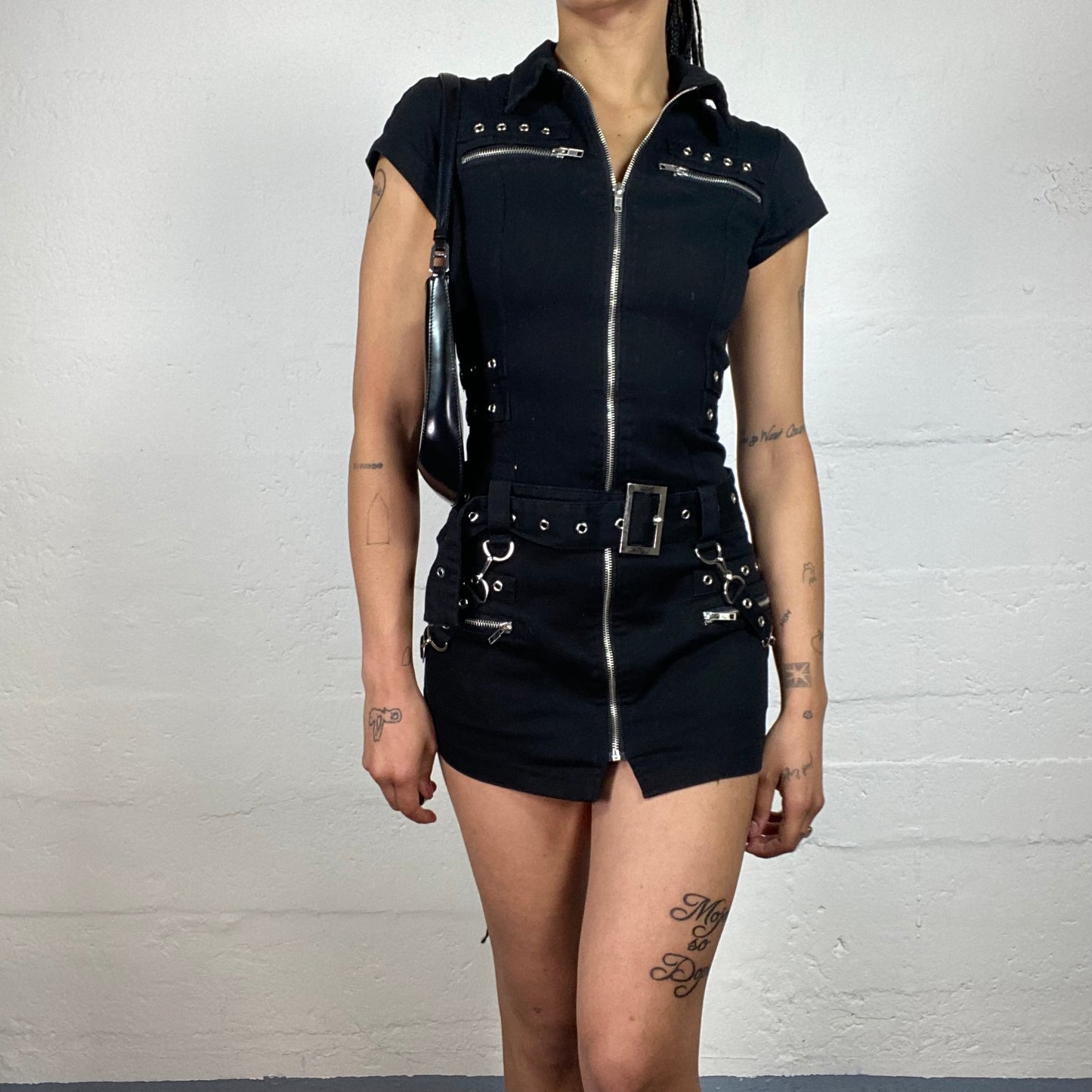 Vintage 2000's Grunge Biker Girl Black Zip Up Collared Mini Dress with Metal Zipper Details (S)