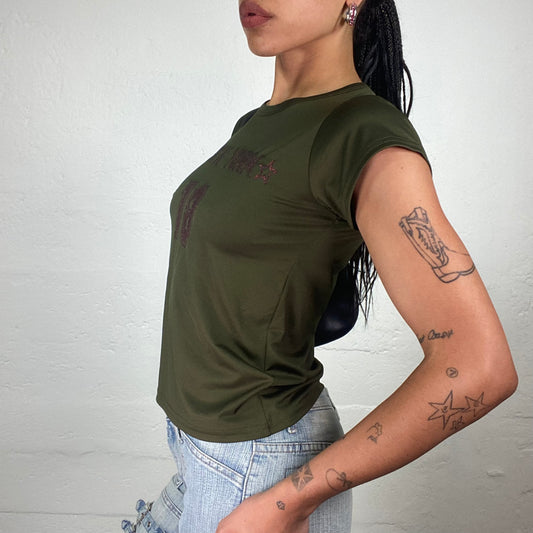 Vintage 2000’s Hip Hop Khaki Green Baby Tee with Red Glitter New York 18 Print (M/L)