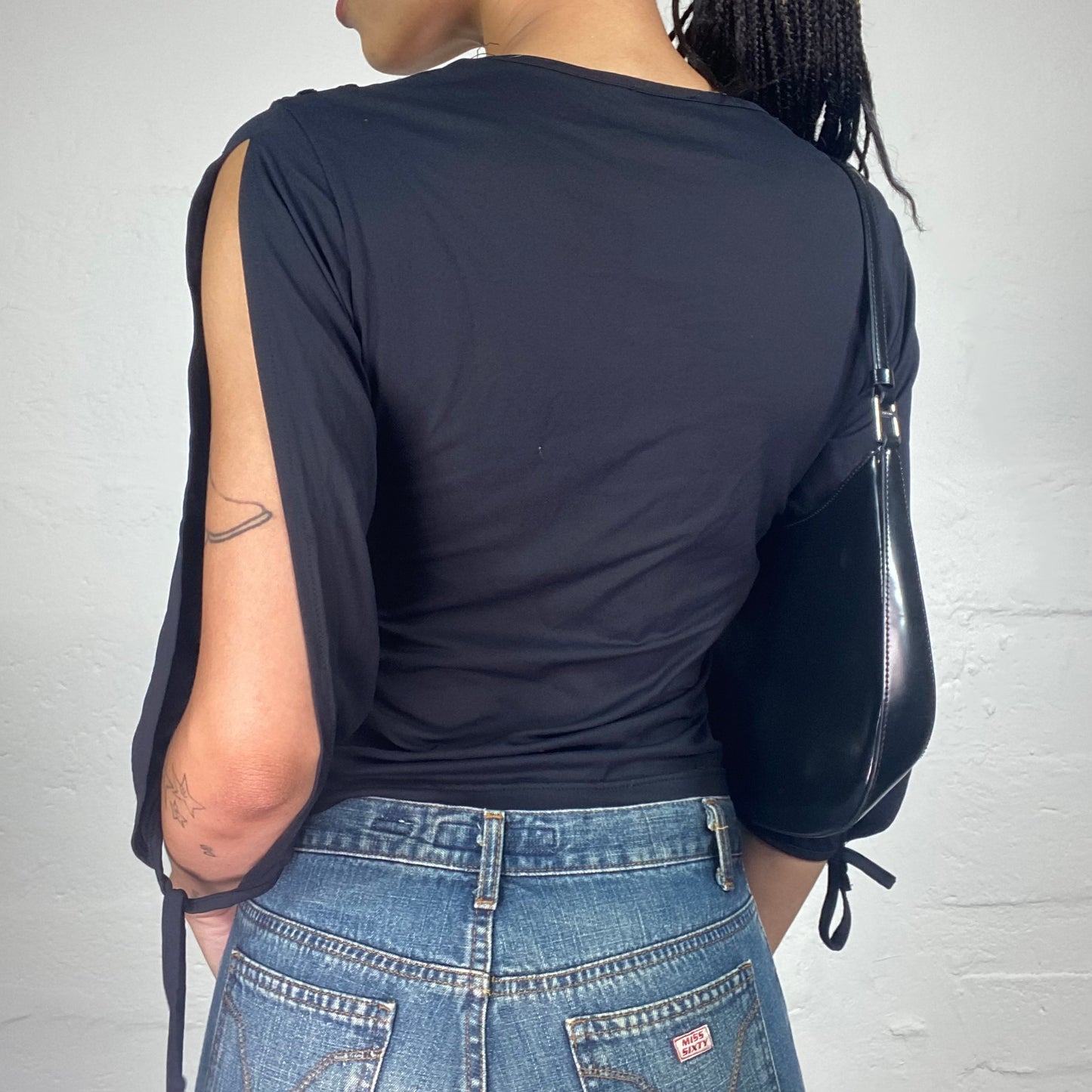 Vintage 2000's Downtown Girl Black 2/4 Sleeve Velour Stripes with Cut Sleeves (M)