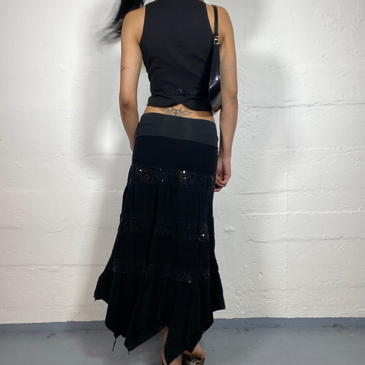Vintage 2000's Dark Boho Low Waisted Black Ruffled Maxi Skirt with Sequin Details (S)
