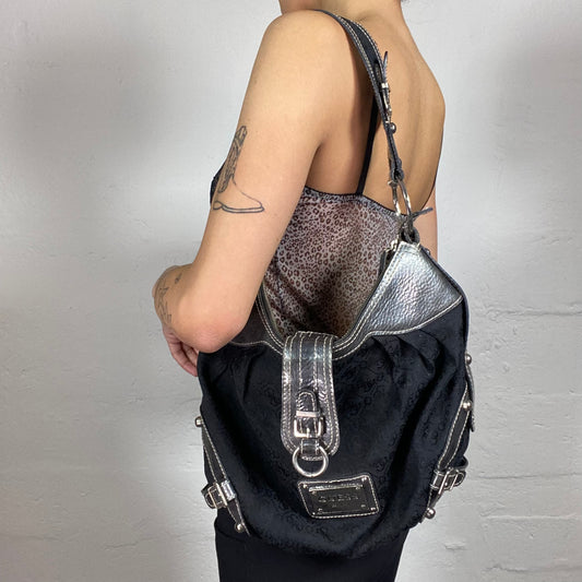 Vintage 2000's Archive Guess Black and Silver Leather Details Shoulder Bag with Leo Print Lining
