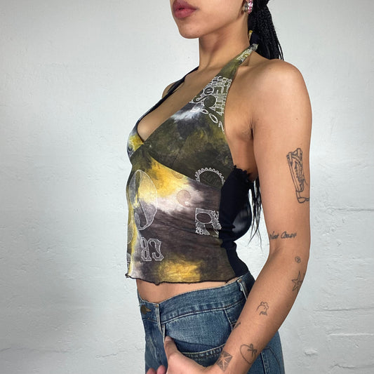Vintage 2000's Downtown Green and Yellow Abstract Print Neckholder Top with Rhinestone Embroidery (S)