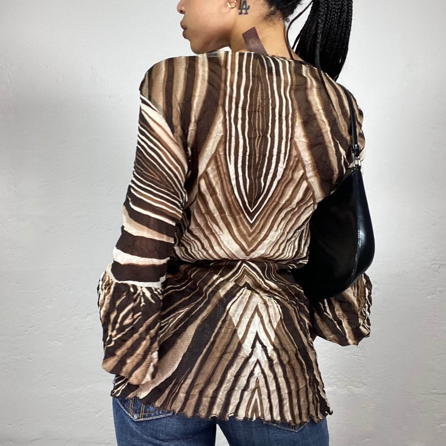 Vintage 2000's Romantic Longsleeve Chiffon V-Cut Animal Print Brown Shirt (M)