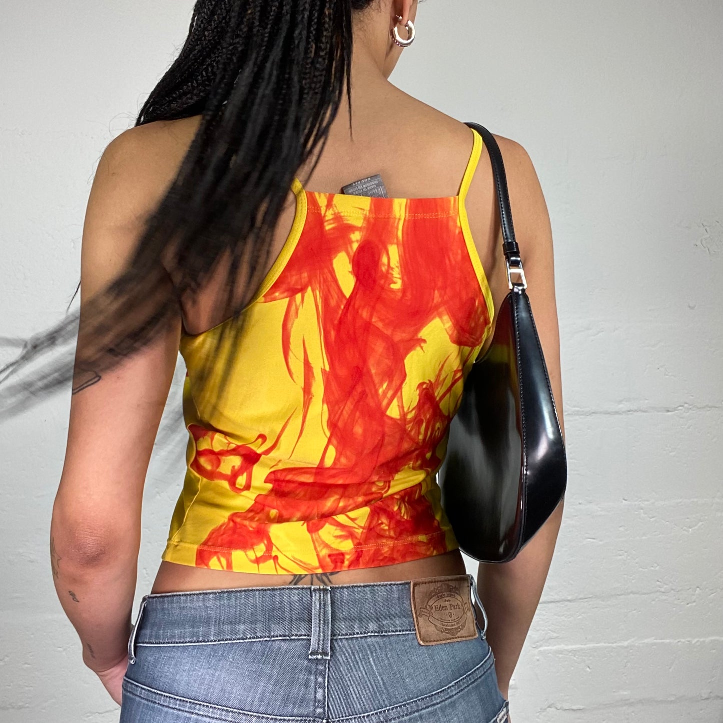 Vintage 2000's Nike Summer Girl Yellow Mini Cami Top with Red Abstract Fire Print (L)