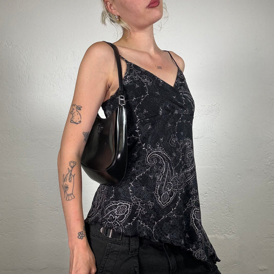 Vintage 2000's Gothic Black Chiffon Top with Paisley print and Asymmetrical Ruffle Hem (L)