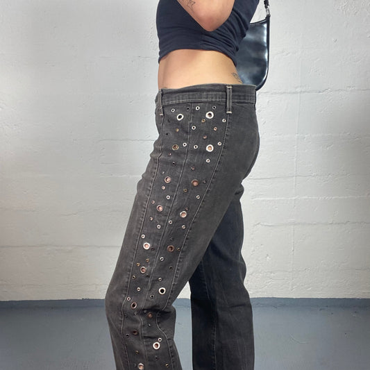 Vintage 2000's Sunday Walk Warm Grey Straight Fit Jeans with Side Eyelet Details (L)