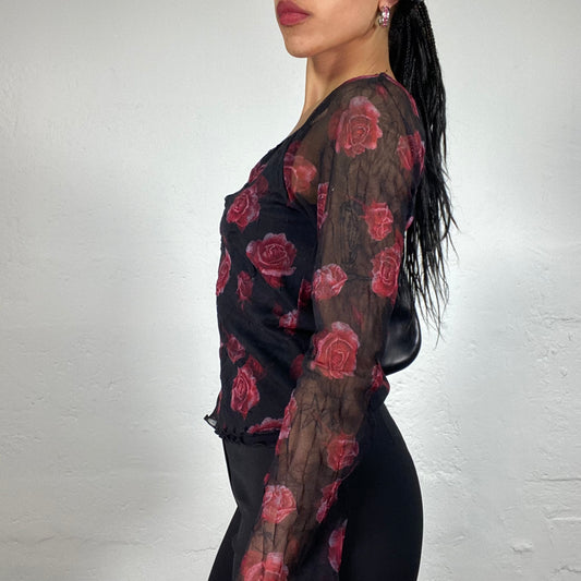 Vintage 2000's Romantic Black Chiffon Longsleeve Top with Red Roses Print (S)