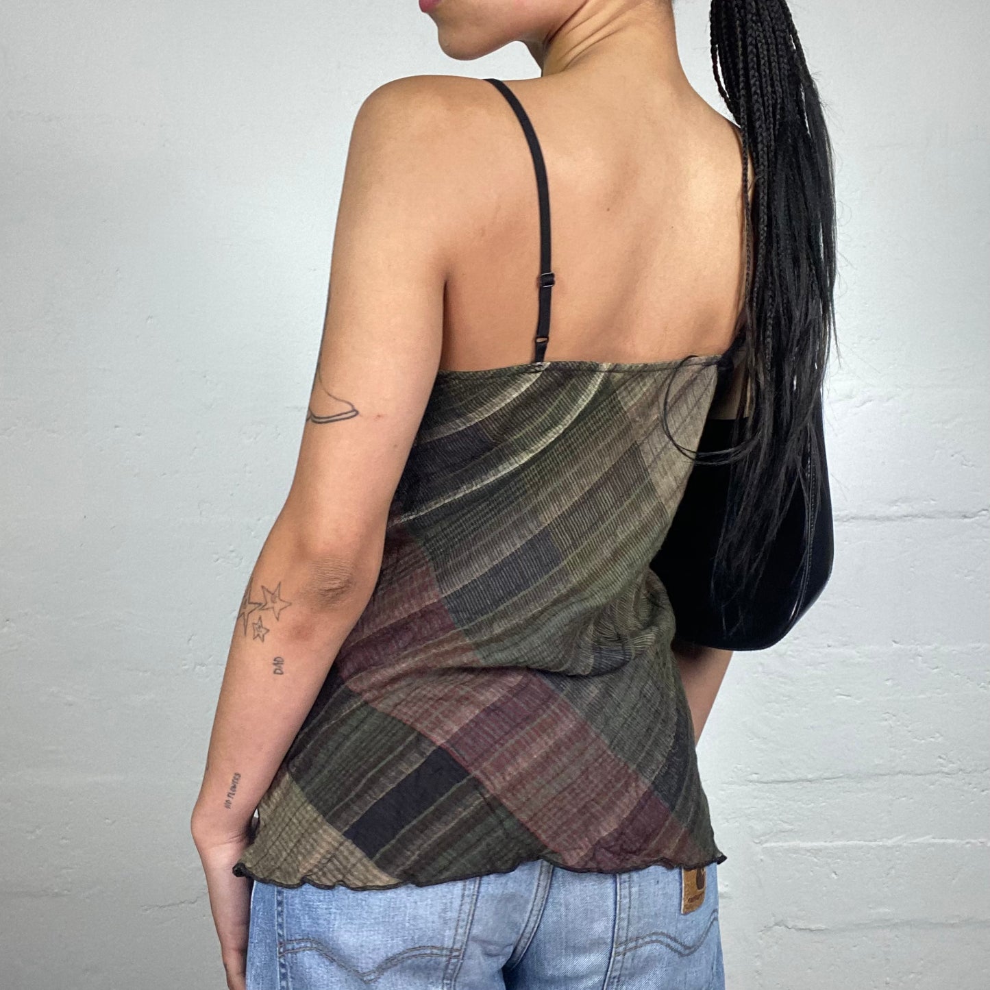 Vintage 2000's Classy Checkered Green and Blank Cami Top with Lace Trim and Silky Ribbon Detail (L)
