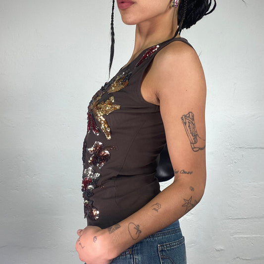 Vintage 2000's Boho Girl Brown Jersey Tank Top with Extra Floral Sequin Embroidery (L)
