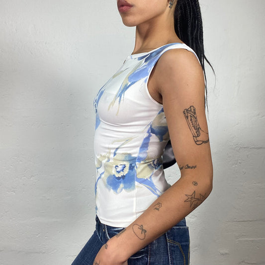 Vintage 2000's Soft Girl Summer White Tank Top with Blue Watercolour Orchid Print (S)