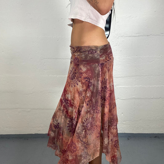 Vintage 2000's Boho Girl Dirty Pink and Purple Toned Printed Layered Chiffon Midi Skirt with Free Bottom Trim (S)