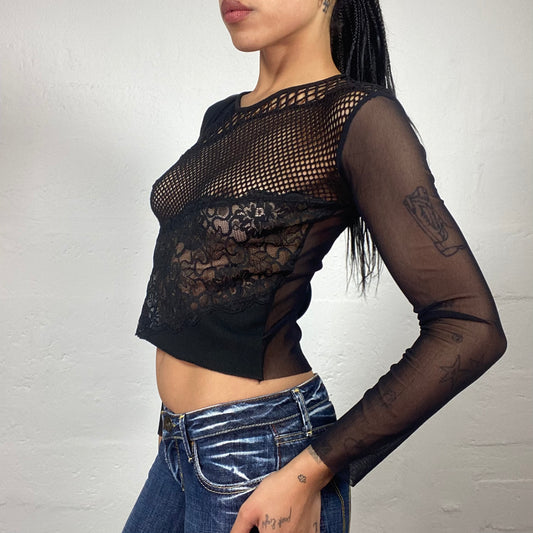 Vintage 2000's Grunge Black See-Through Longsleeve Top with Crochet Front (S/M)