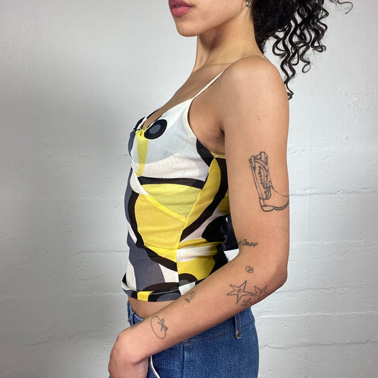 Vintage 2000's Summer Black White and Yellow Geometric Print Cami Top (S/M)