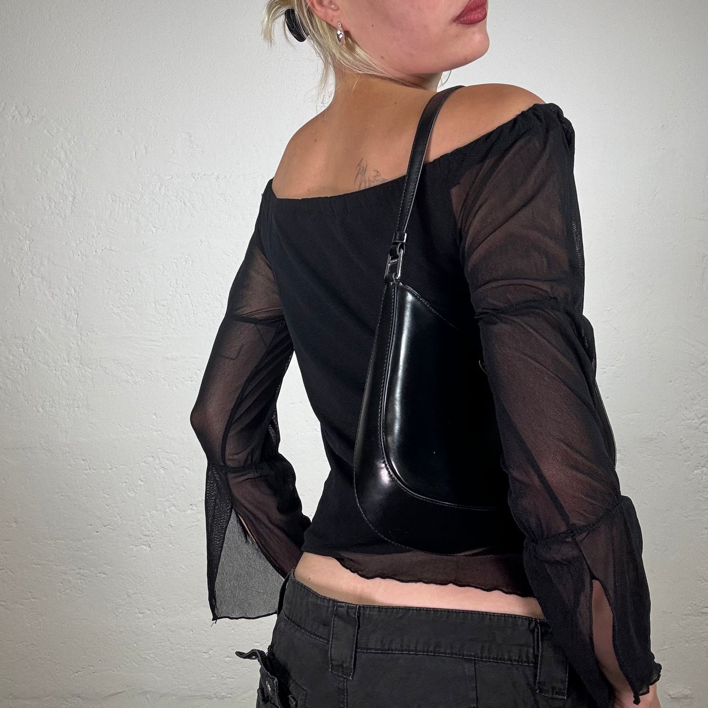 Vintage 2000's Downtown Girl Black Off Shoulder Top with Sleeve Scrunch Detail (S/M)