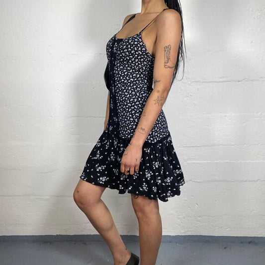 Vintage 2000's Coquette Black and White Mini Cami Dress with Micro Floral Print and Ruffled Skirt (M)