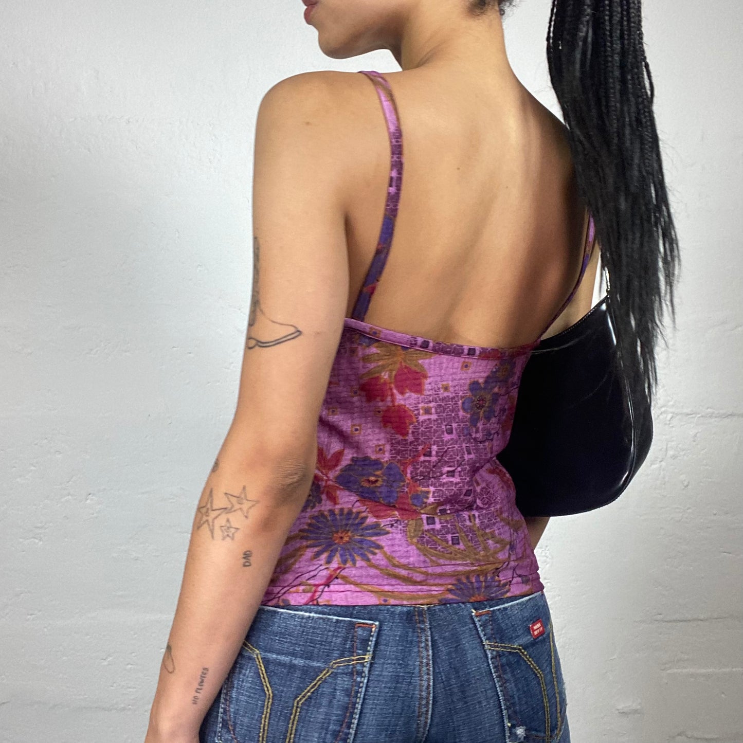 Vintage 2000's Pop Boho Fuchsia Abstract Printed Cami Top with Ruffled Bra (M/L)