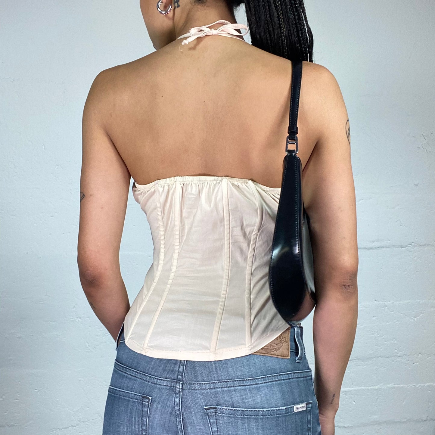 Vintage 2000's Soft Girl Creamy Front Lace Up Neckholder Corset Style Top (S)