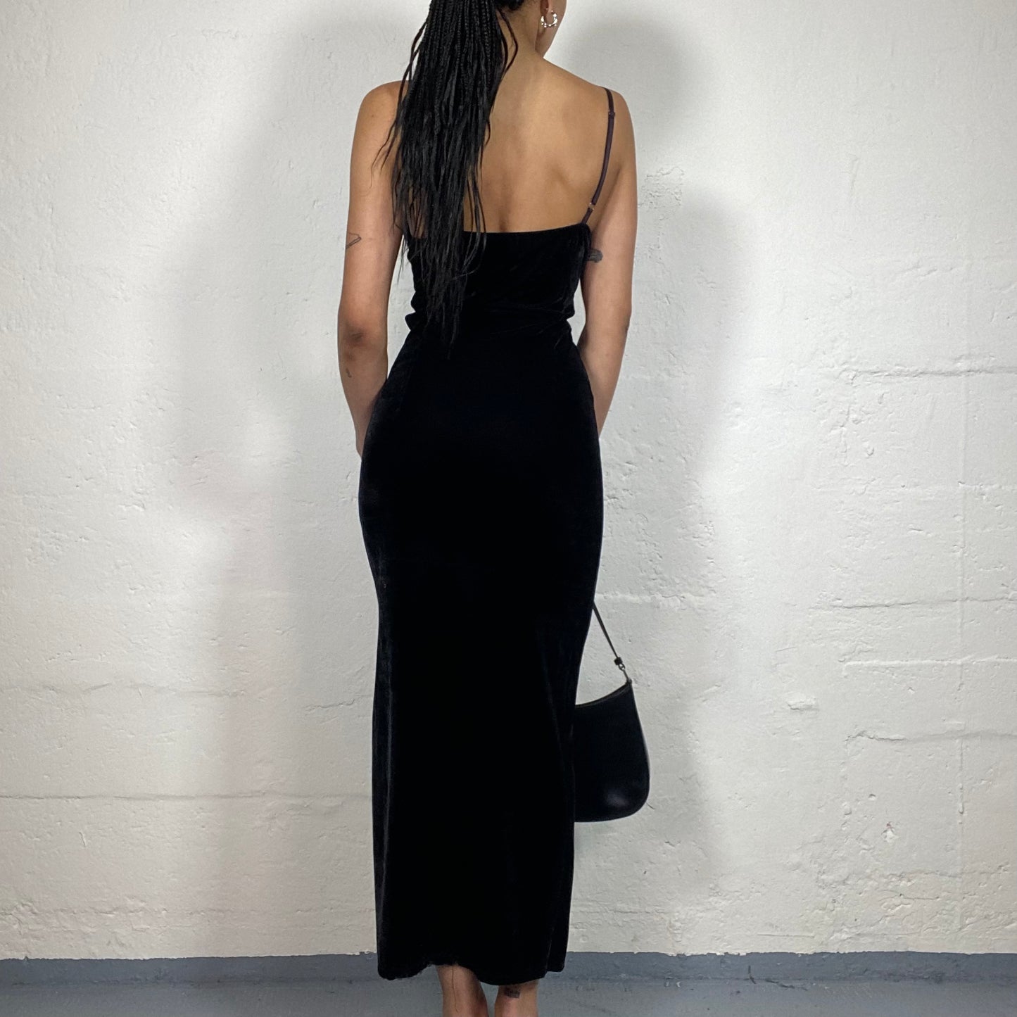 Vintage 2000's Chic Dinner Out Black Velour Cami Maxi Dress (S)
