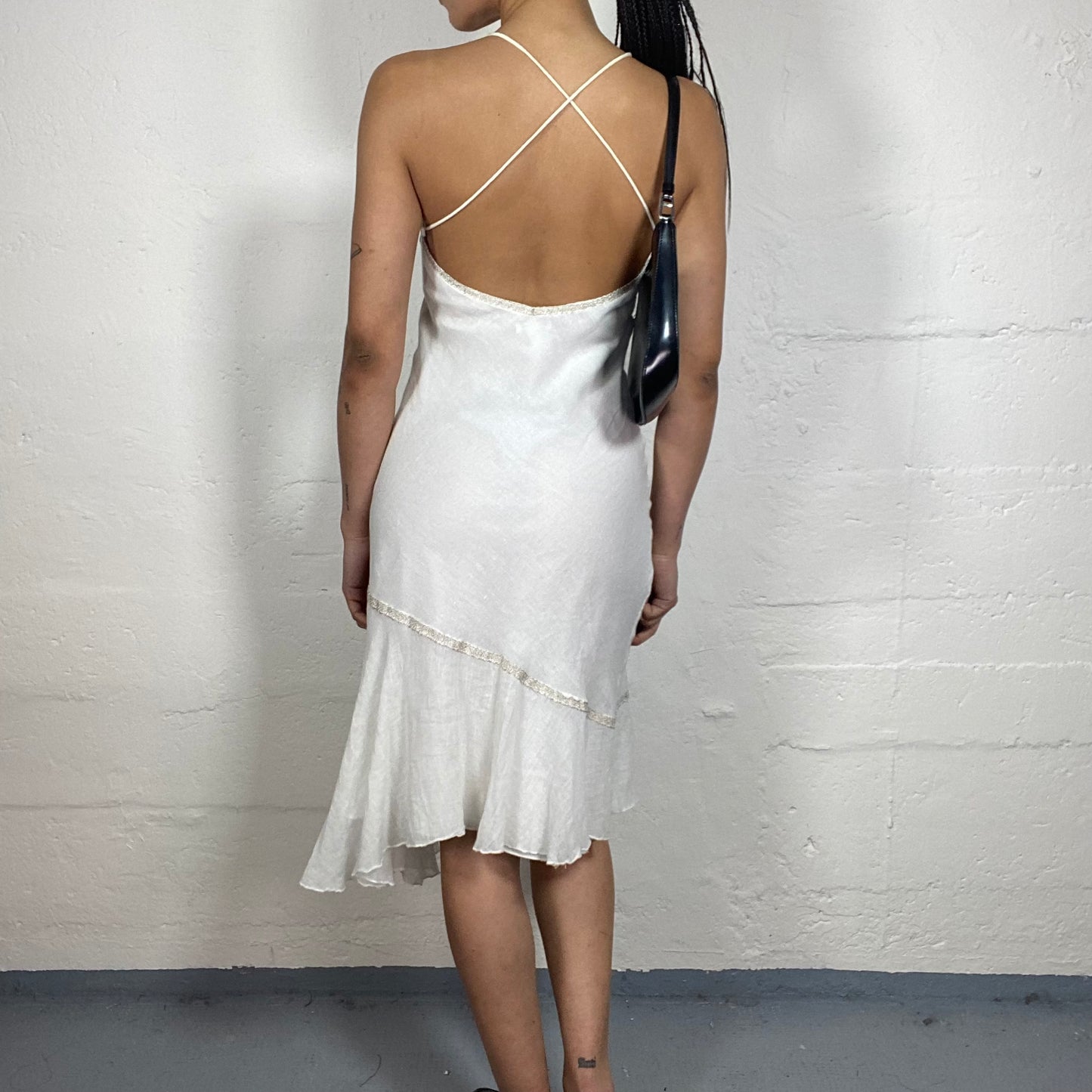 Vintage 2000's Summer Feminine White Flowy Midi Cami Dress with Open Back and Bottom Draping (S)