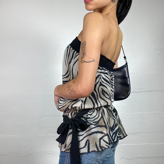 Vintage 2000's Morgan Glamorous Chiffon Beige and Black Animal Printed Tube Top (S)