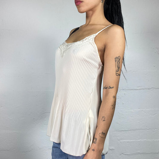 Vintage 2000's Soft Girl White Chiffon Pleated Long Cami Top with Lace Trim (M)