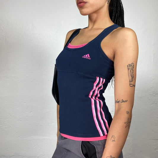 Vintage 2000's Sporty Adidas Navy Blue Tank Top with Neon Pink Accents and aside Stripes (S)