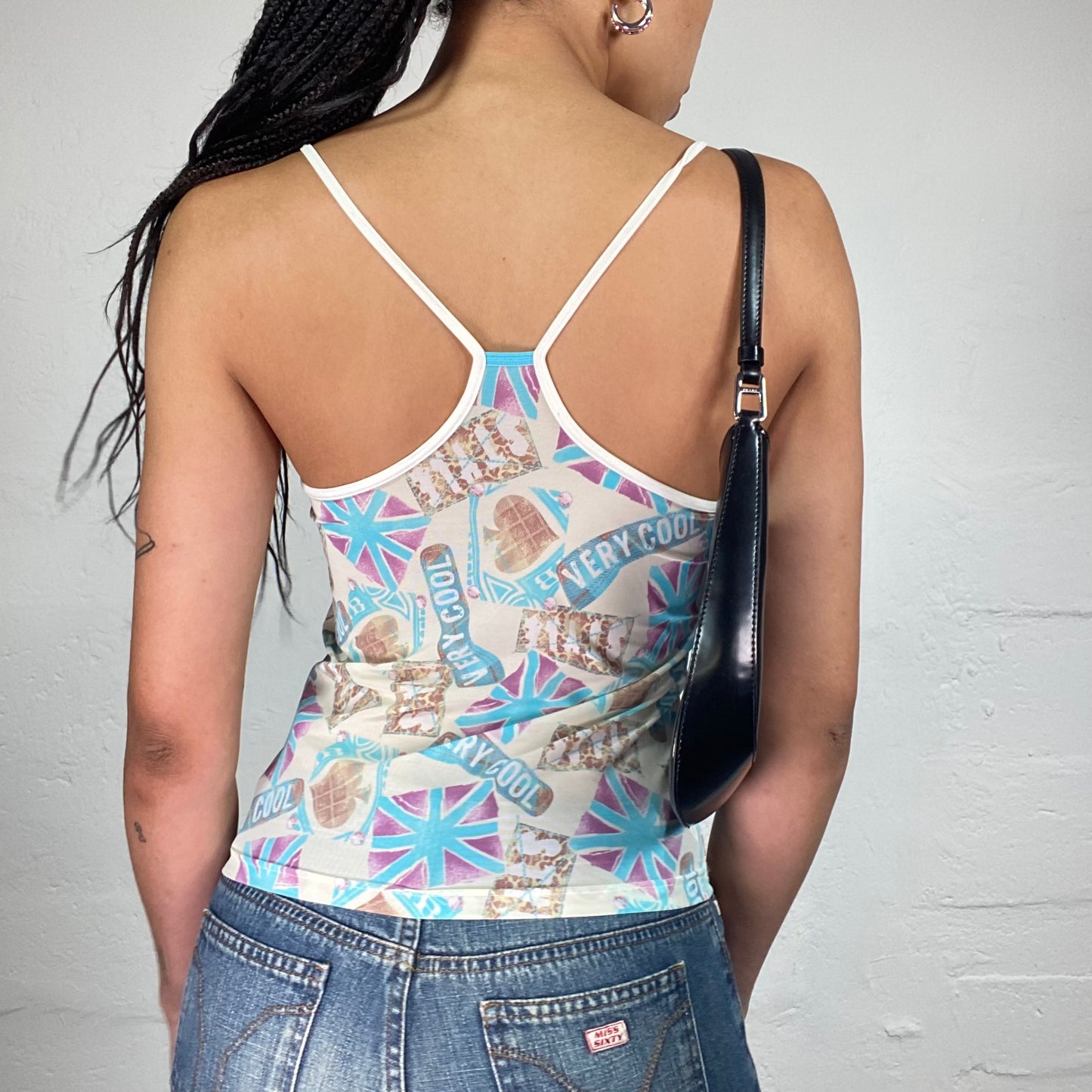 Vintage 2000's Downtown Girl Ivory Faded Effect Blue Toned Flags Print Cami Top (S)