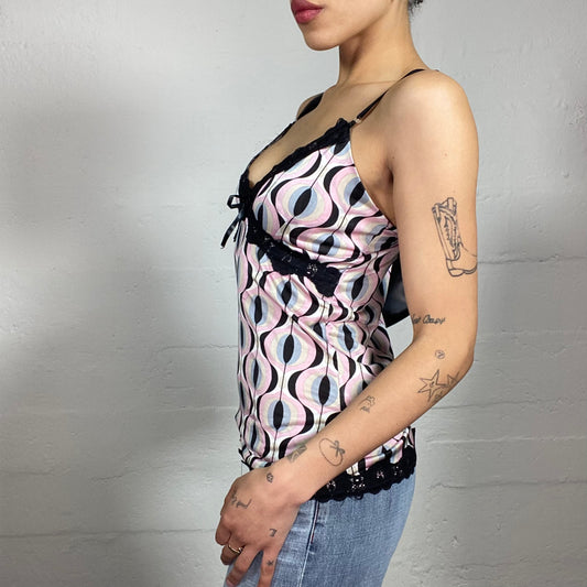 Vintage 2000's Coquette Pink and Black Silky Printed Cami Top with Black Lace Trim (M)