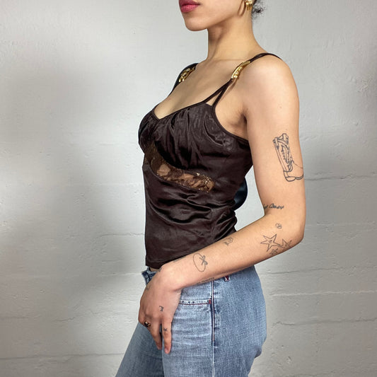 Vintage 2000's Coquette Satin Brown Cami Top with Lace Cut In and Ruffled Bra (S)