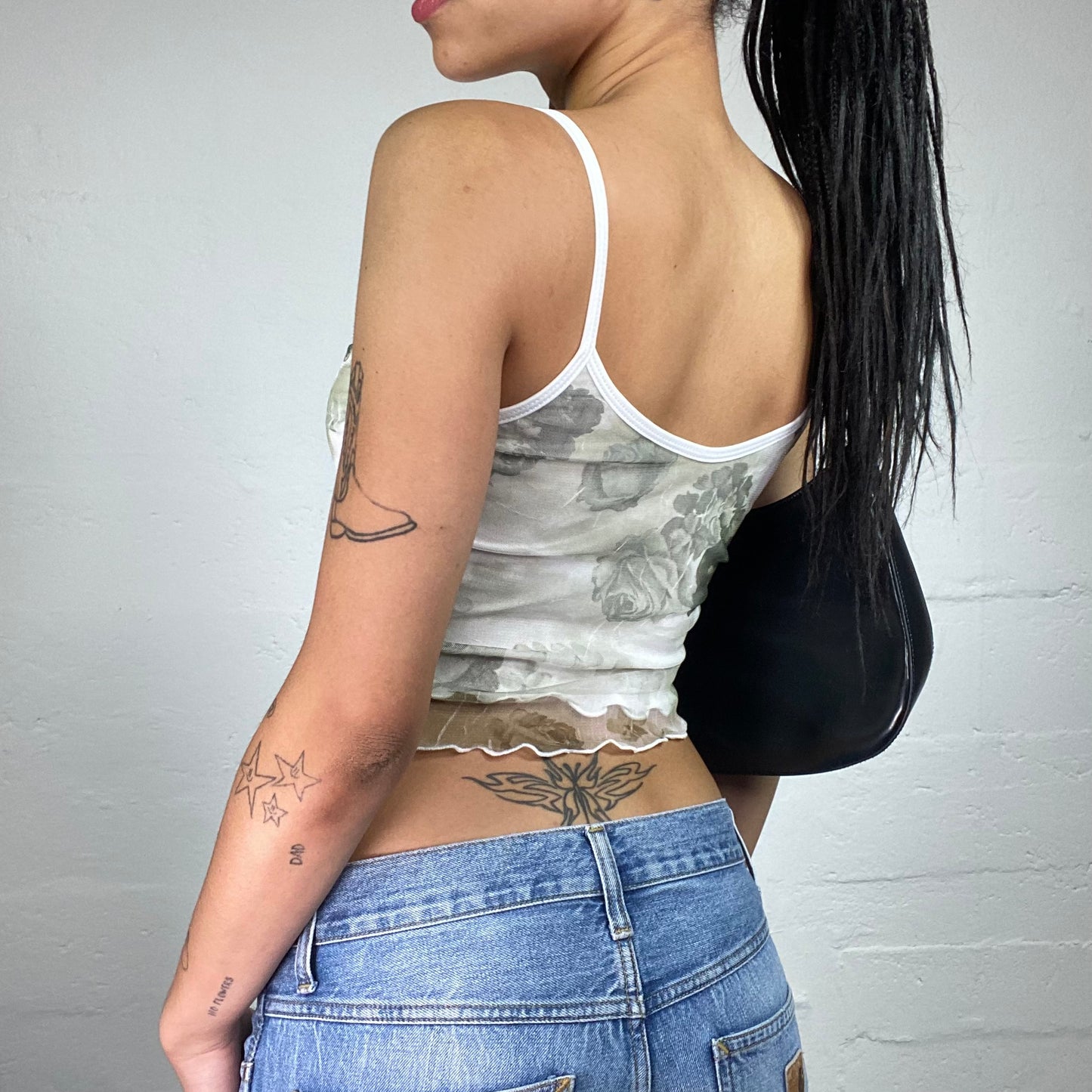 Vintage 2000's Romantic White Cropped Mesh Details Rose Print Cami Top (S)