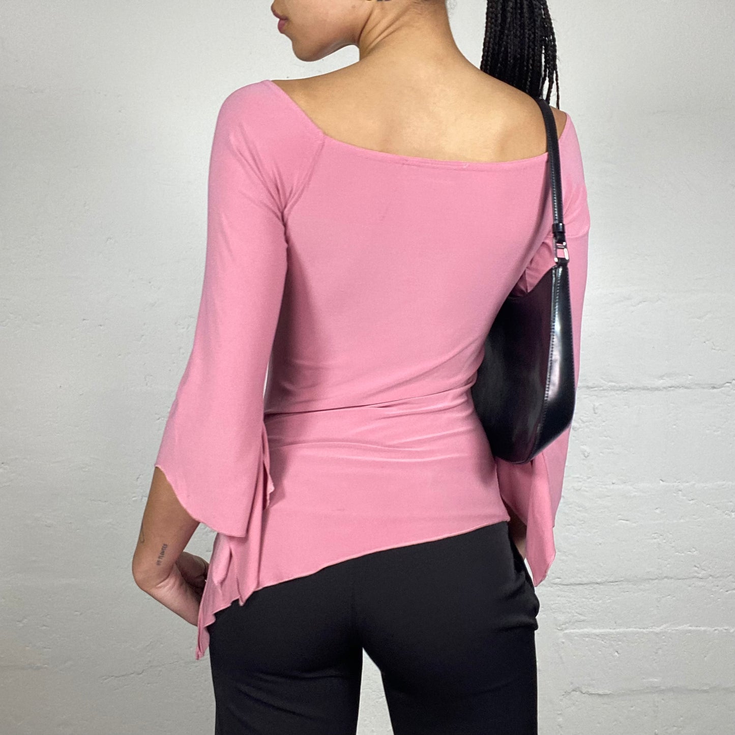 Vintage 2000's Romantic Pink Asymmetric 3/4 Flare Sleeves Long Top with Metal Detail (S)
