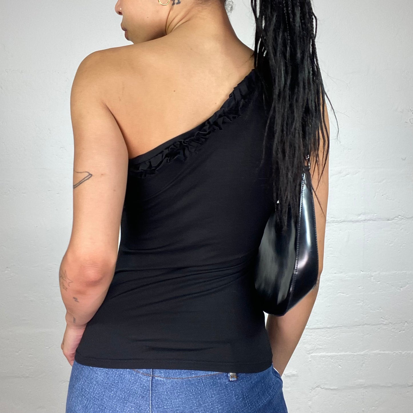 Vintage 2000's Romantic Black Asymmetric One Shoulder Top with Ruffled Trim (S)