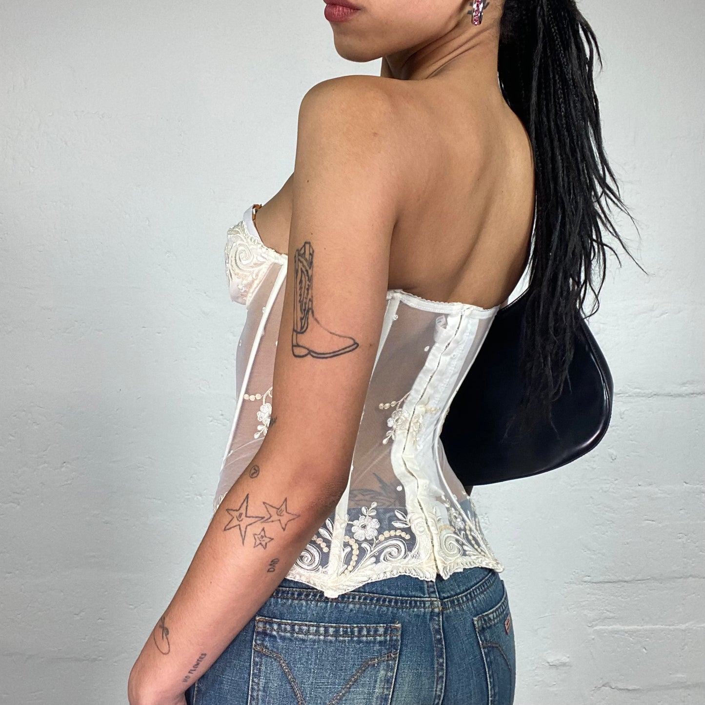 Vintage 2000's Soft Girl Bridal Look White Mesh See Through Corset with Floral Embroidery (S)