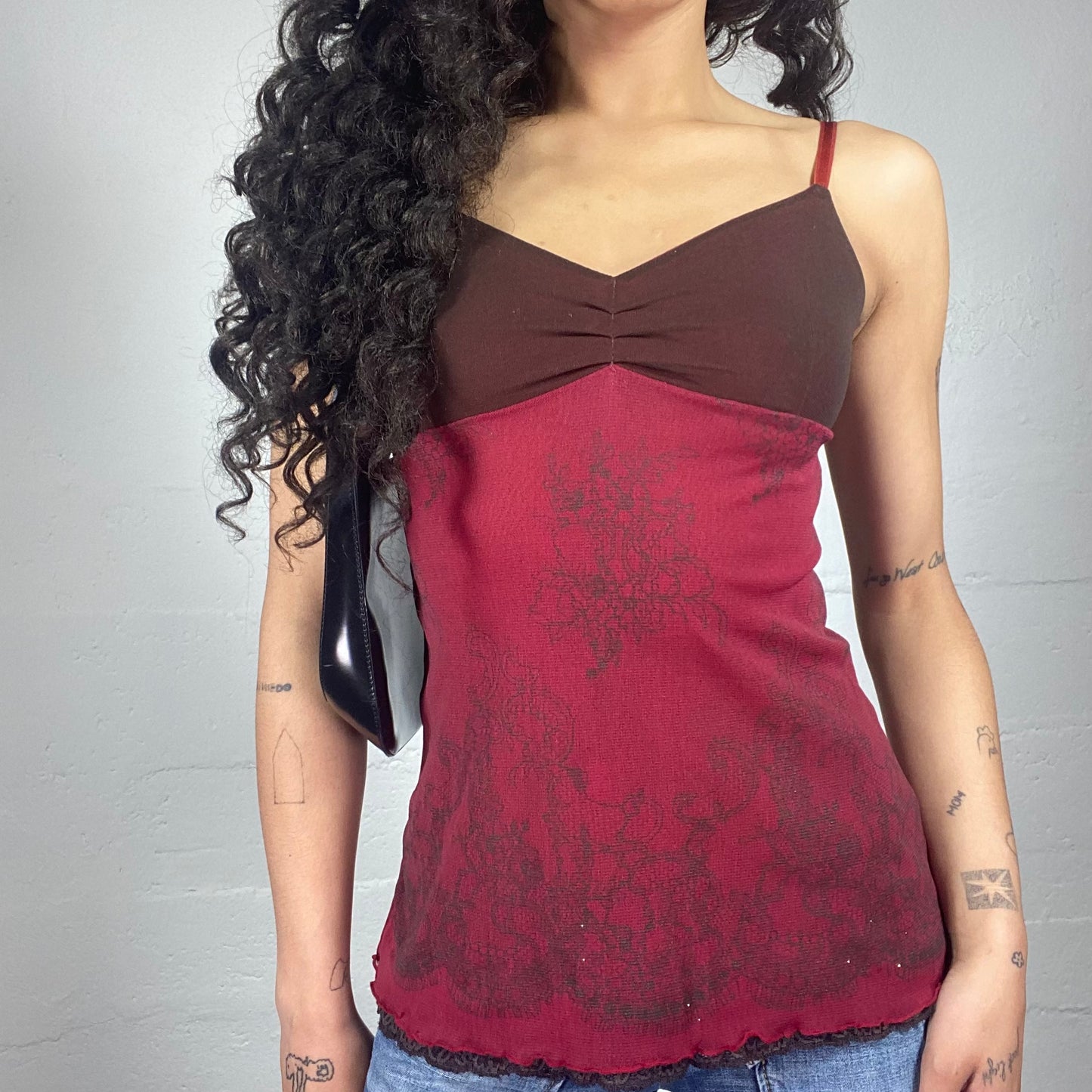 Vintage 2000's Romantic Goth Red and Brown Cami Top with Boho Print (S)