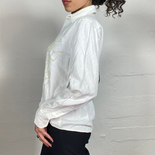 Vintage 2000's Romantic Summer White Button Up Shirt with Beige Floral Print (M)