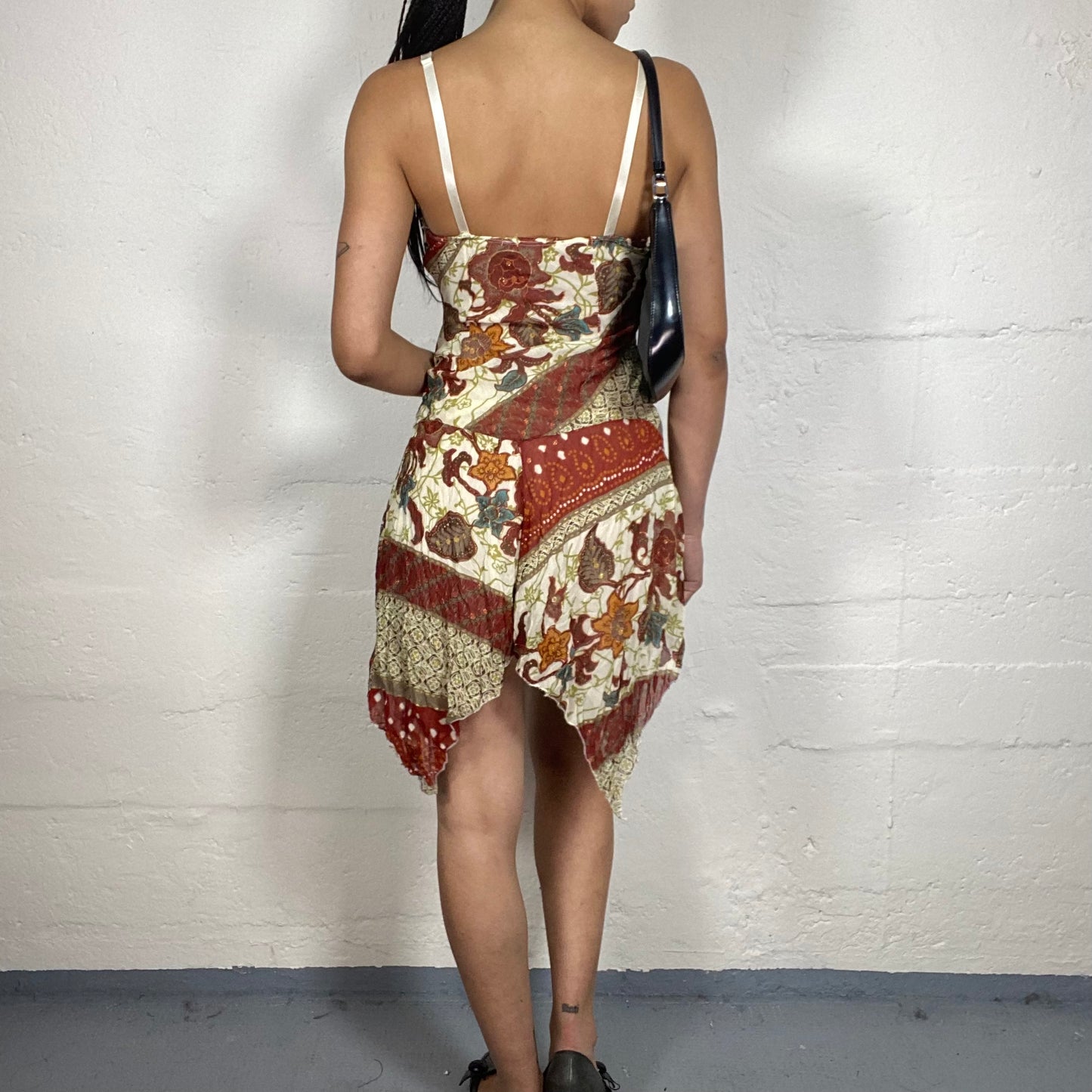 Vintage 2000's Boho Girl Warm Toned Asymmetric Trim Printed Cami Dress with Ruffle Details (M)
