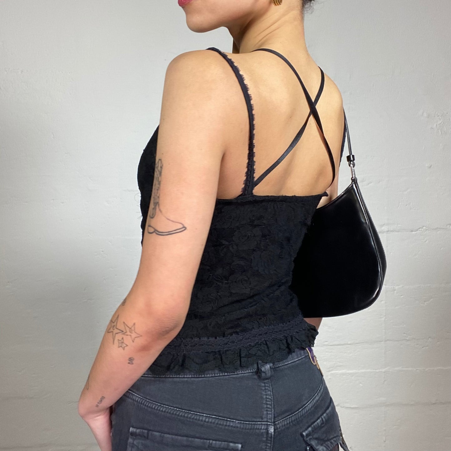 Vintage 2000's Grungy Black Lace Cami Top with Bra Lacing (S)