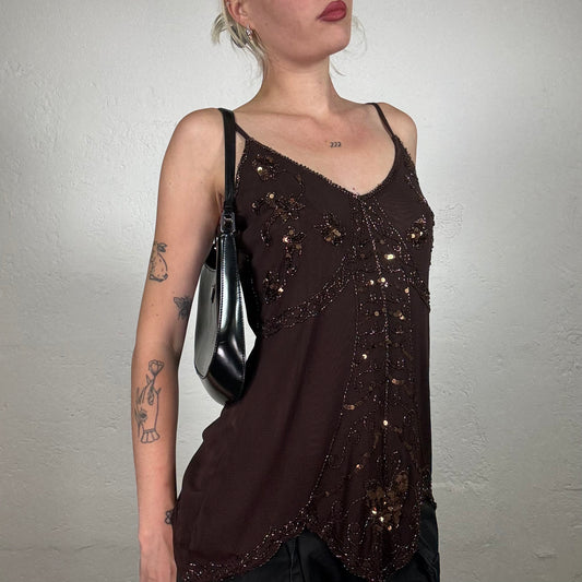Vintage 2000's Date Night Brown chiffon Cami topo with Beaded Ornament Print and Sequin Details (M/L)