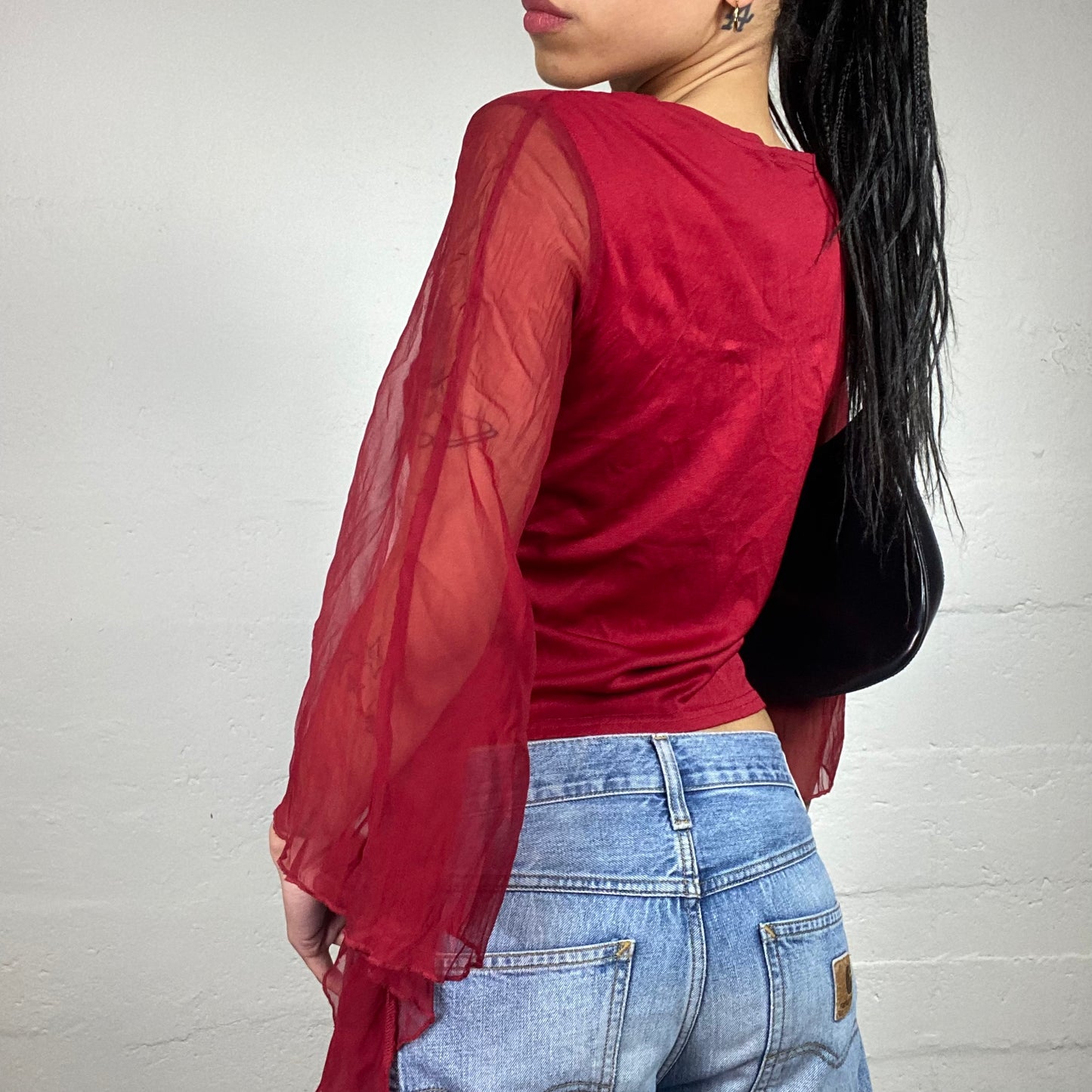 Vintage 2000's Romantic Red Wrap Up Flare Draped Mesh Sleeve Top (L)