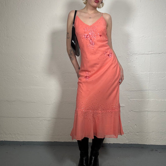 Vintage 2000's Summer Coral Chiffon Flowy Cami Midi Dress with Floral Embroidery (S)