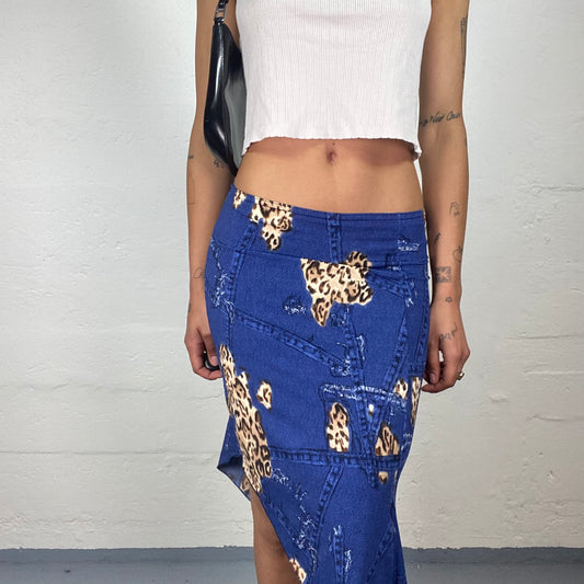 Vintage 2000’s Romantic Deep Blue Denim Effect and Cheetah Patches Print Asymmetric Skirt (S)