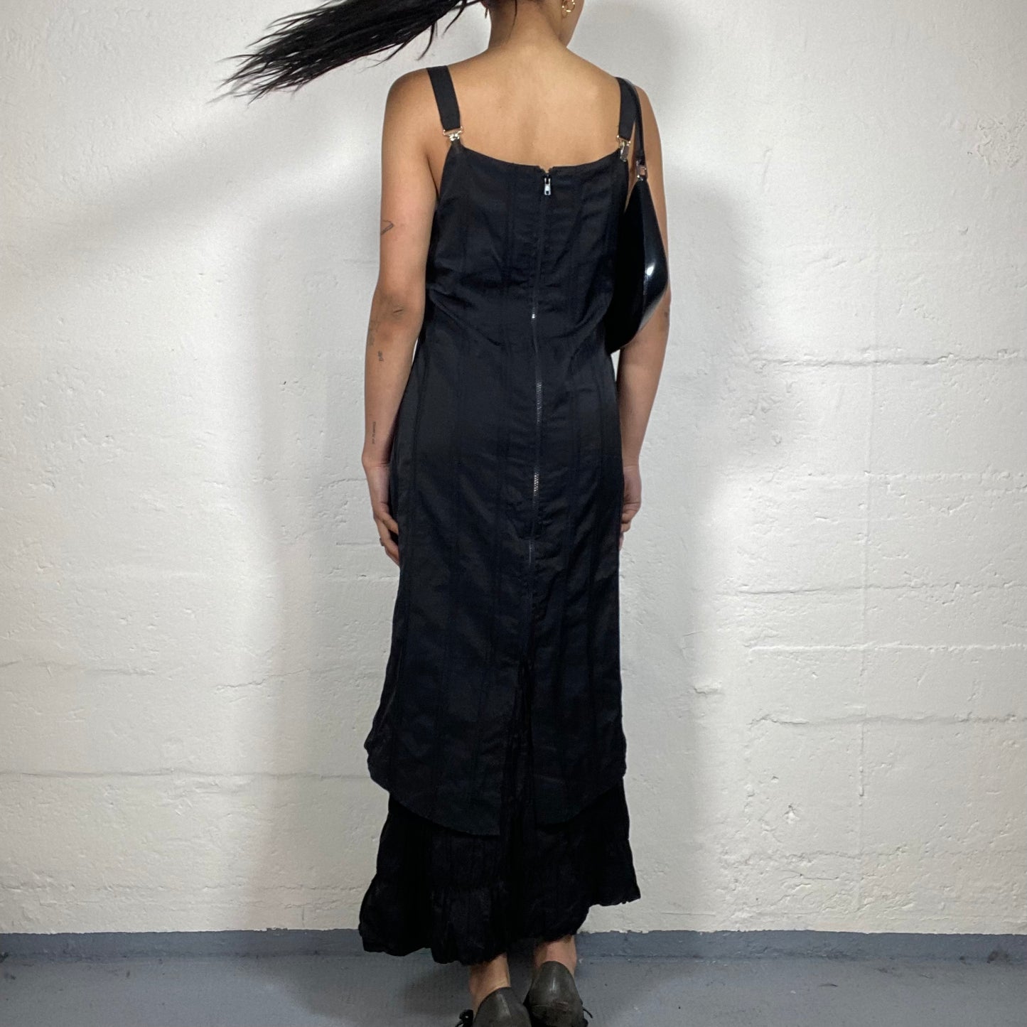 Vintage 2000's Downtown Girl Black Maxi Striped Texture Cami Layered Dress (M)