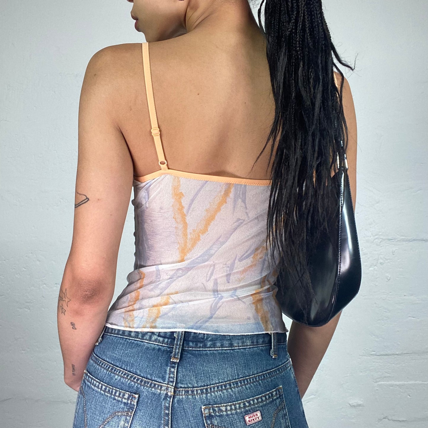 Vintage 2000's Soft Girl White Mesh See Through Cami Top with Peachy Print (M)
