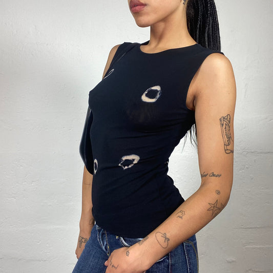 Vintage 2000's Classy Girl Black Mesh See Through Tank Top with Metal Rings Print (S)