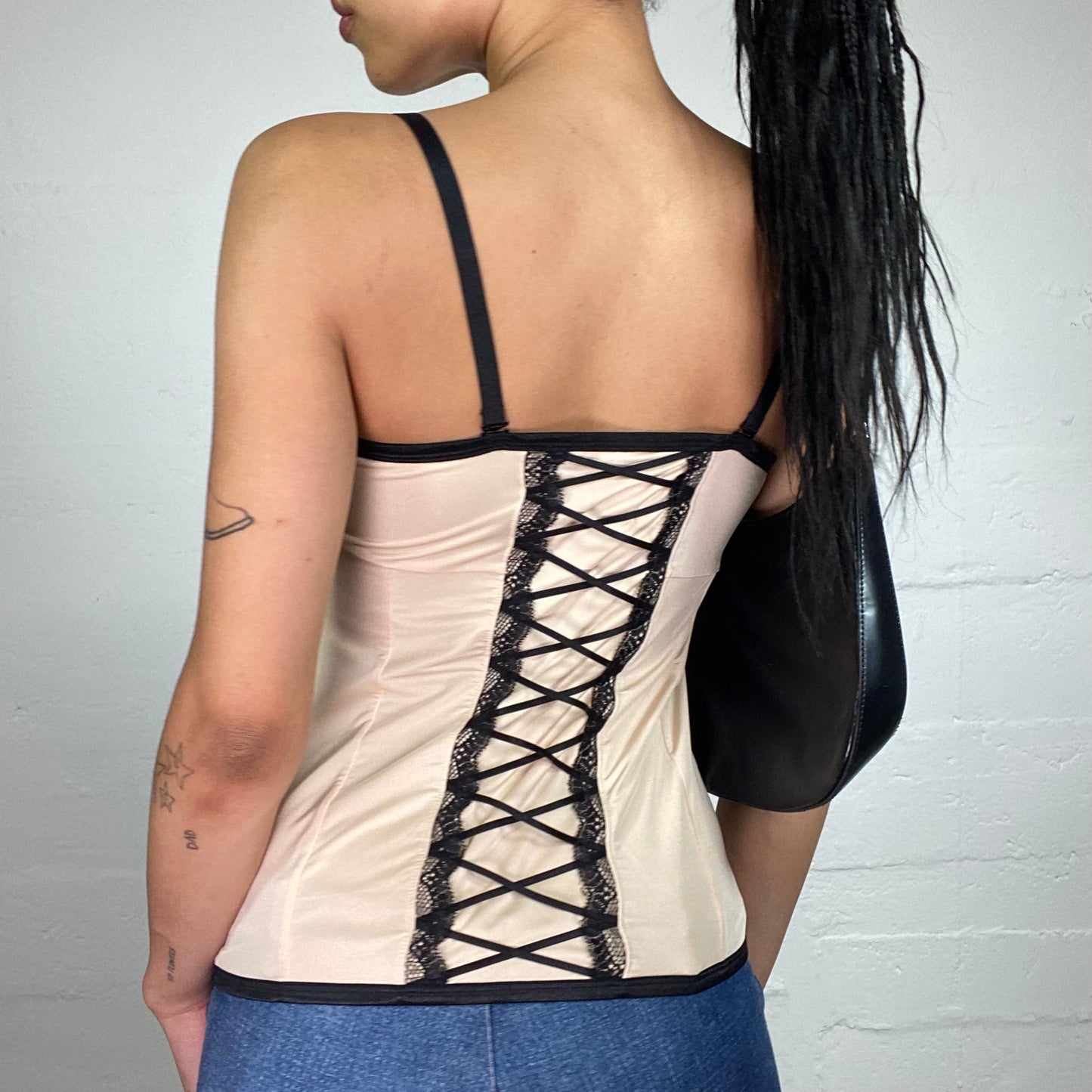 Vintage 2000's Romantic Beige and Black Corset Top with London Print and Back Lacing Up (S)