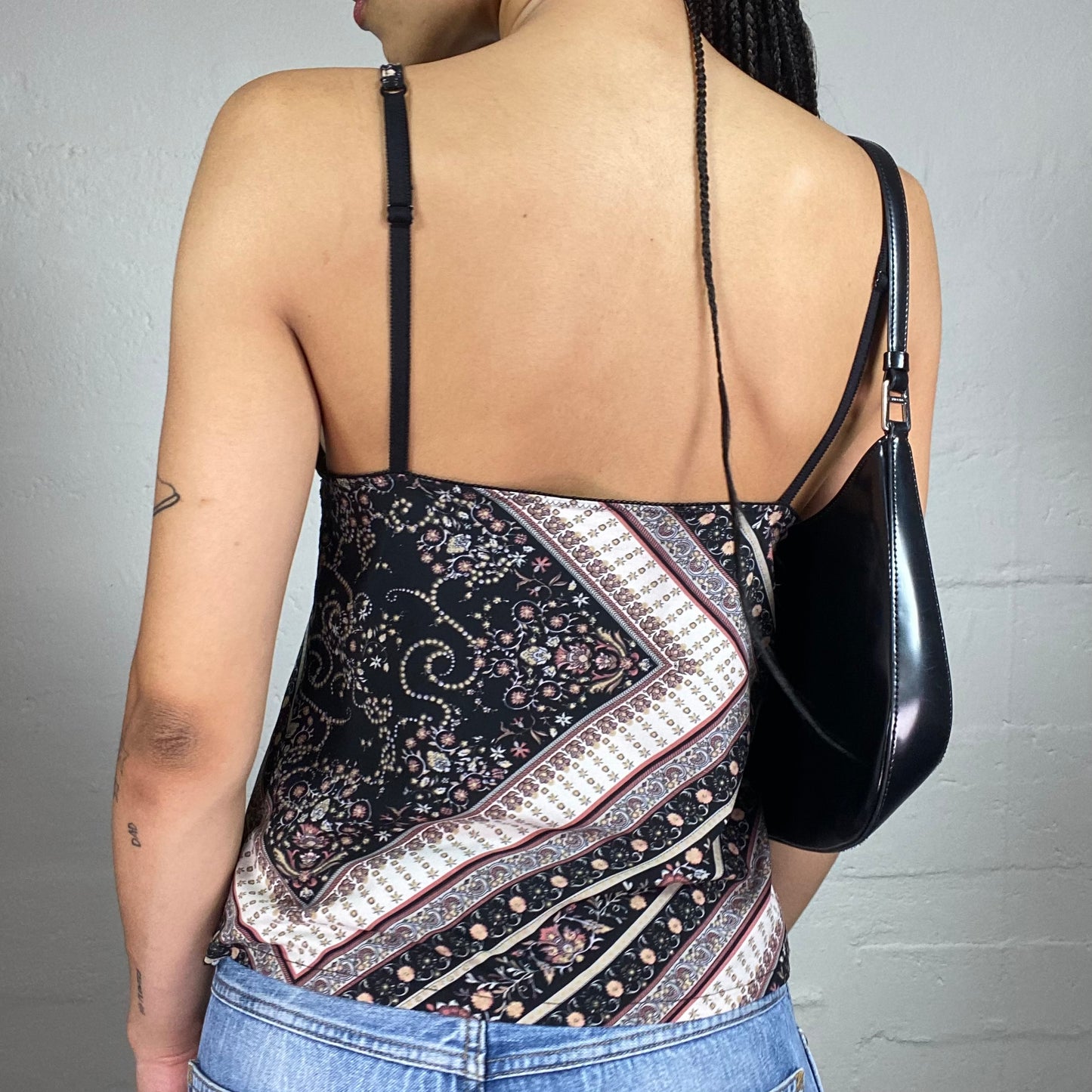 Vintage 2000's Boho Girl Brown and Black Cami Printed Top with Lace Bra Trim (M)
