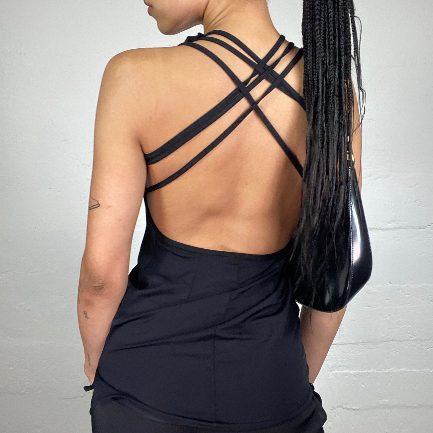 Vintage 2000's Glamorous Night Out Black Metal Detail Top with Open Back Binding (S)