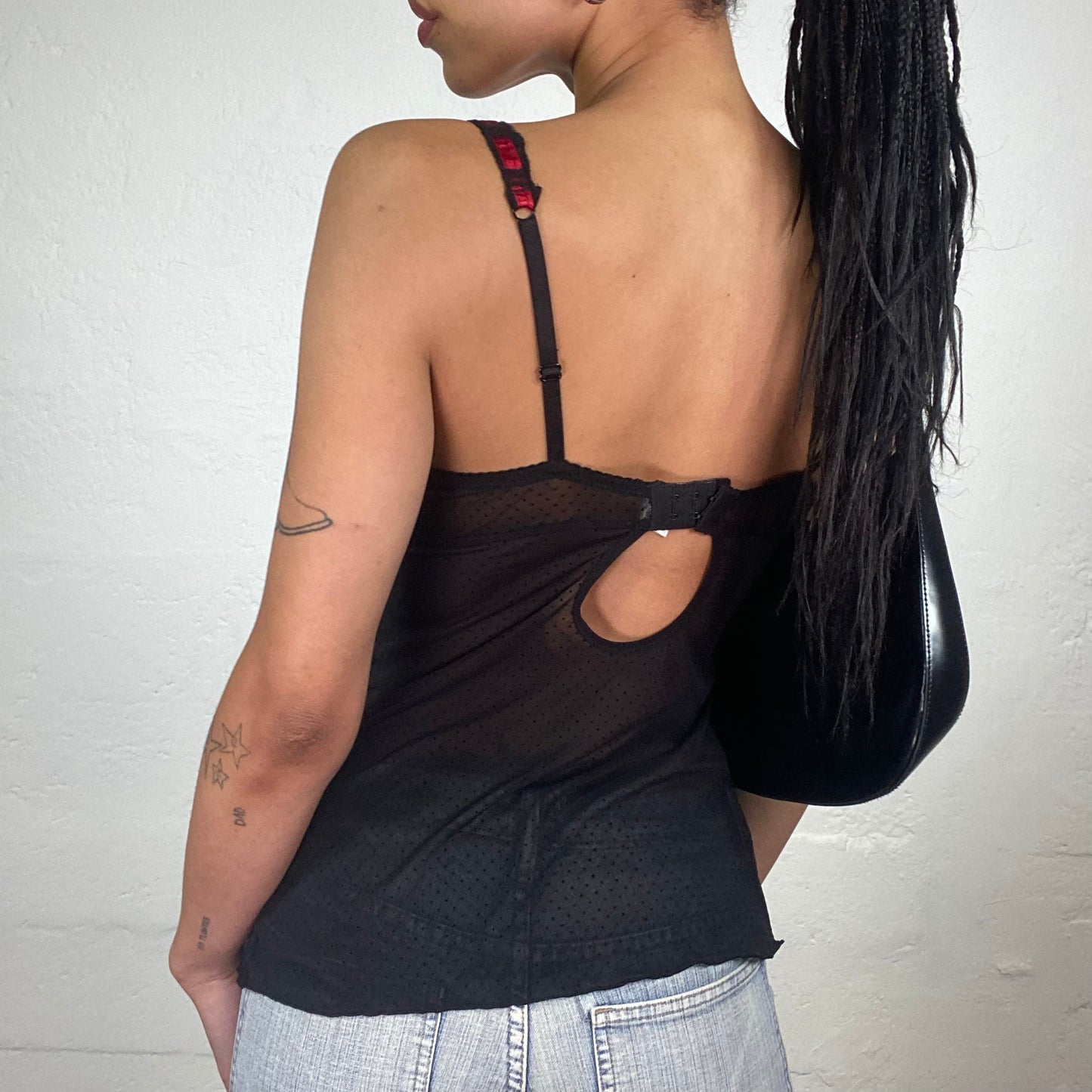 Vintage 2000’s Romantic Bkack Lingerie Style Mesh Cami Bustier Top with Red Silky Braiding Detail (M)