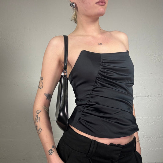 Vintage 2000's Morgan Chic Night Out Black Satin Draped Corset Top with Pointy Bra (XS)